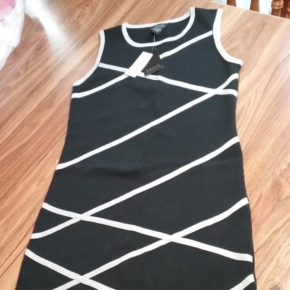 Grace Knit Dressing Sheath Sleeveless Dress Sz L Black/Beige Stretch